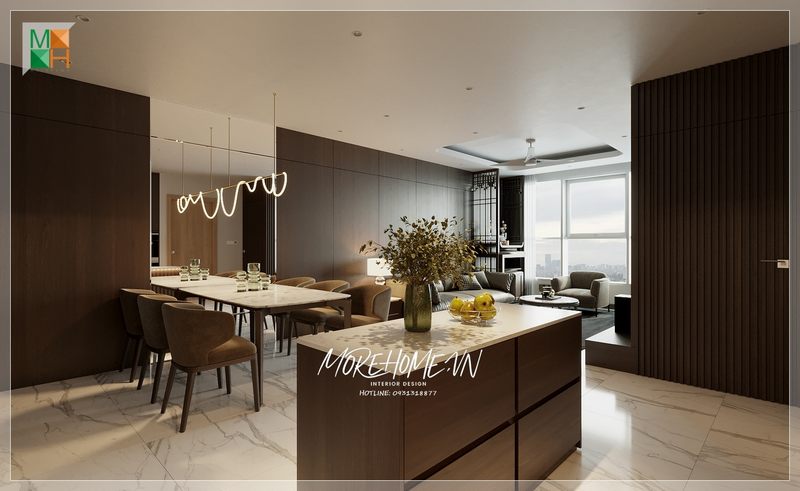 Một đảo bếp gỗ tự nhiên có mặt đá trắng hiện đại sẽ là một phần trang trí đẹp cho không gian, cũng như cung cấp sự hỗ trợ tốt cho người nội trợ.