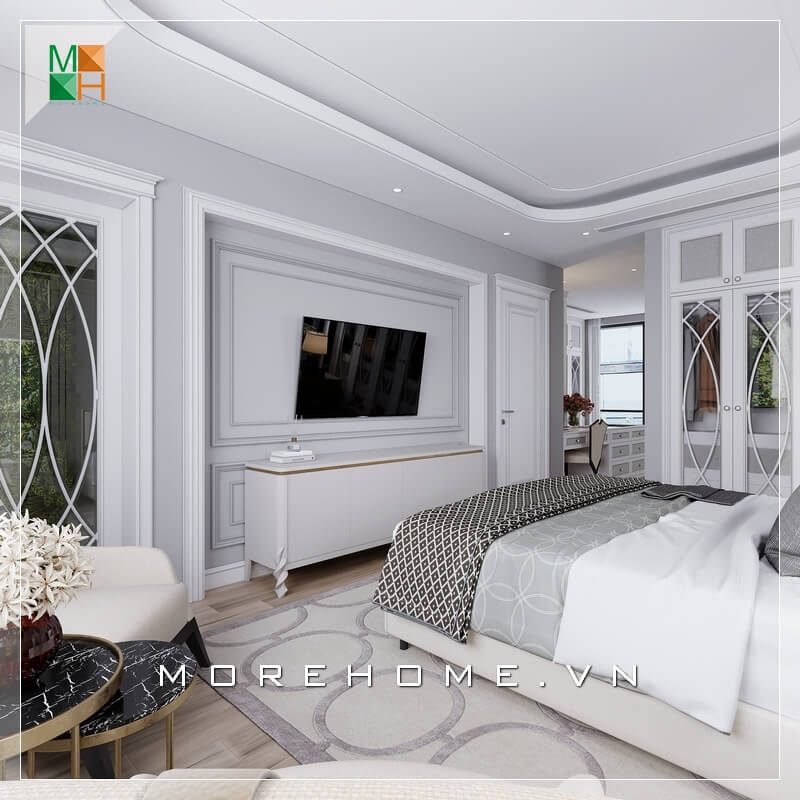 Người dùng đã bị ấn tay bởi mẫu thiết kế nội thất phòng ngủ sang trọng tinh tế với đường nét độc đáo của phào nổi trội phong cách tân cổ điển, phù hợp với các loại nhà ở như chung cư, nhà phố, biệt thự.
